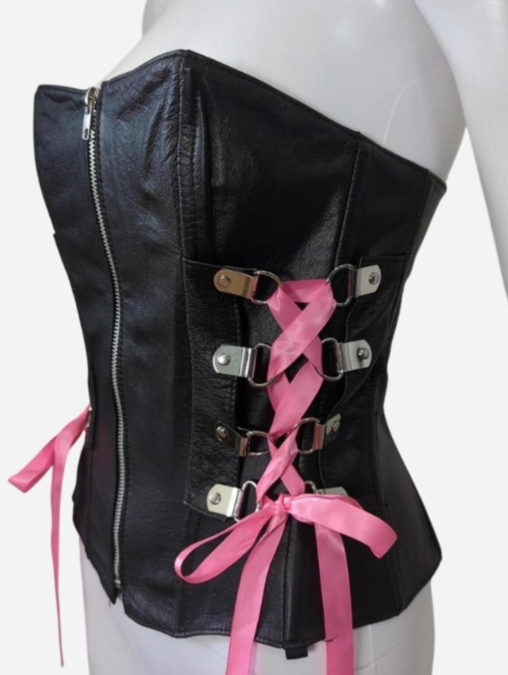 Black leather corset top with pink ribbon and silver hardware Size Medium